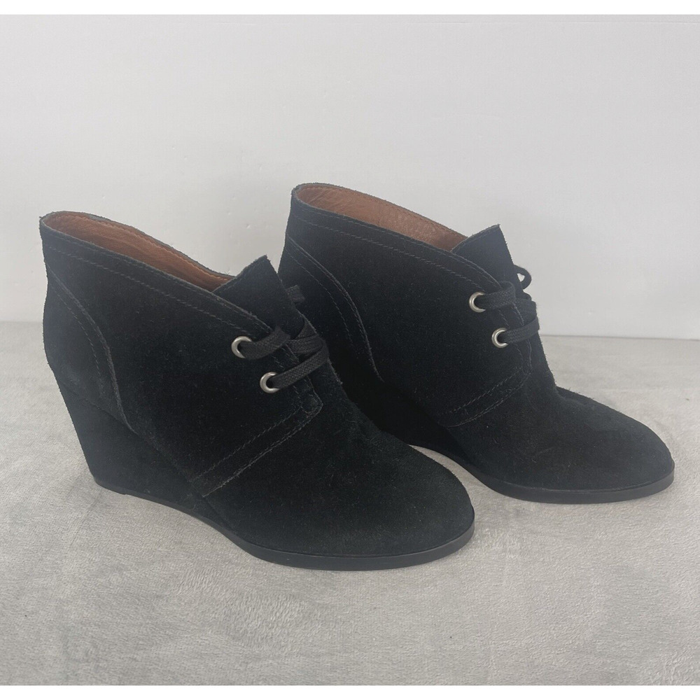 Lucky Brand Seleste Women Round Toe Ankle Lace Up Black Suede wedge booties Sz 6
